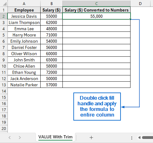 Use the VALUE and TRIM Functions to Convert Entire Column to Number