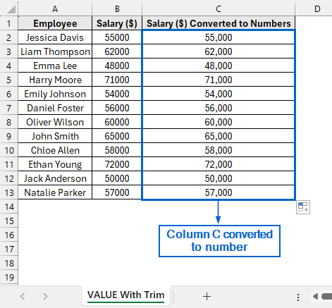 Use the VALUE and TRIM Functions to Convert Entire Column to Number