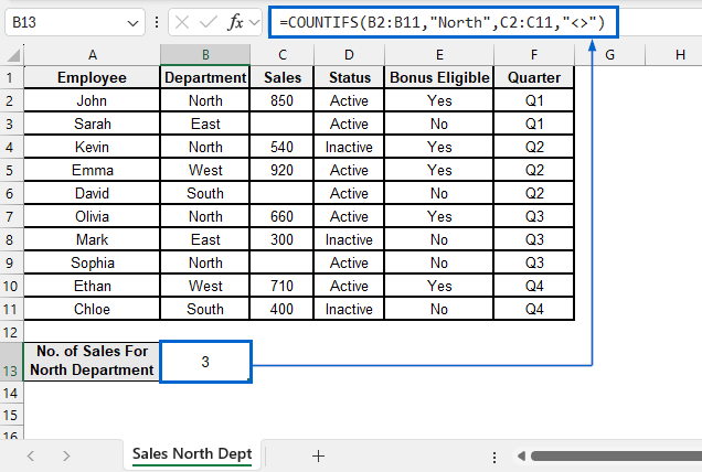 Count Non-Blank Cells with Two Conditions Using COUNTIFS