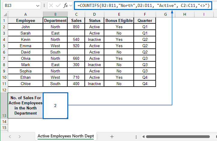 Count Non-Blank Cells with Three Conditions Using COUNTIFS