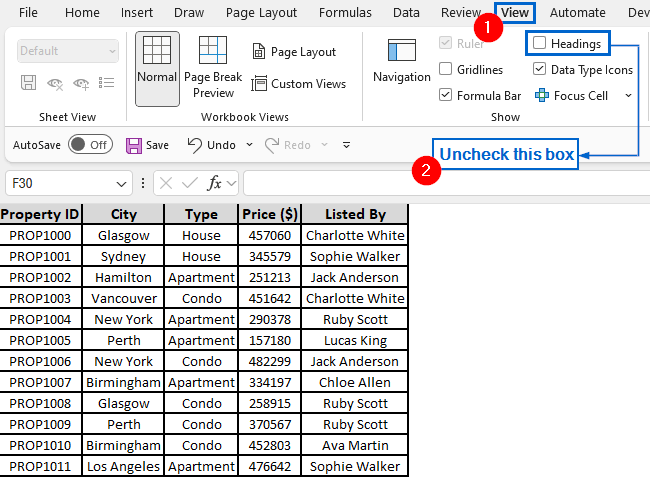 Hide Row and Column Headings Using the View Tab Option
