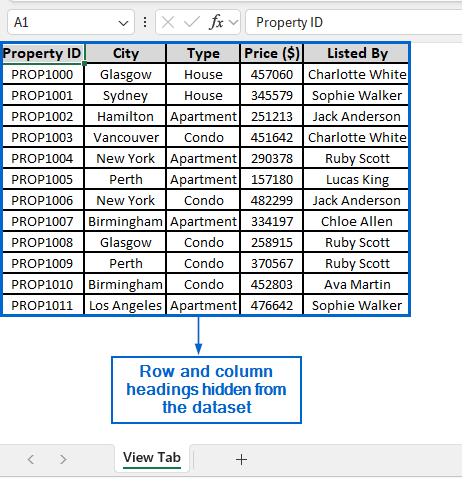 Hide Row and Column Headings Using the View Tab Option