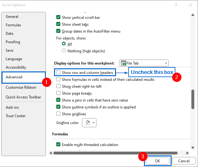 Use File Settings for Hiding Row and Column Headings
