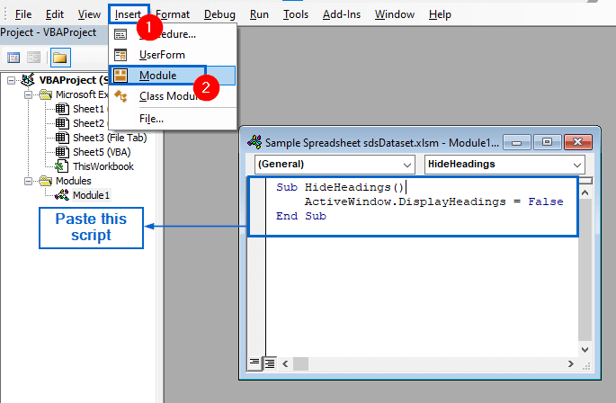 Automatically Hide Row and Column Headings Using VBA Editor