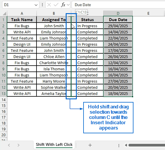 Use Shift with Left Click to Swap Entire Columns