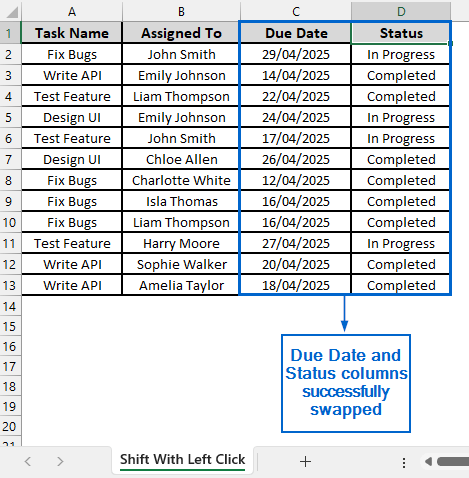 Use Shift with Left Click to Swap Entire Columns