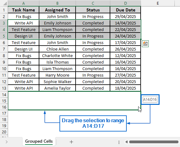 Reposition Grouped Rows Within the Worksheet