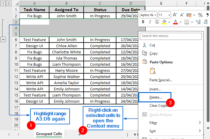 Reposition Grouped Rows Within the Worksheet