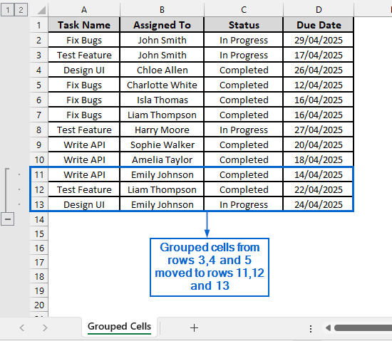 Reposition Grouped Rows Within the Worksheet