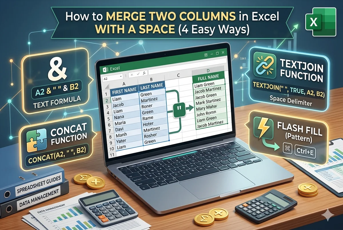 featured image - how to merge columns in excel with a space